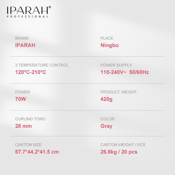 Плойка IPARAH P-205, 28mm, 120-210&deg;C, керамическое покрытие, LED display, 70W v11897 фото