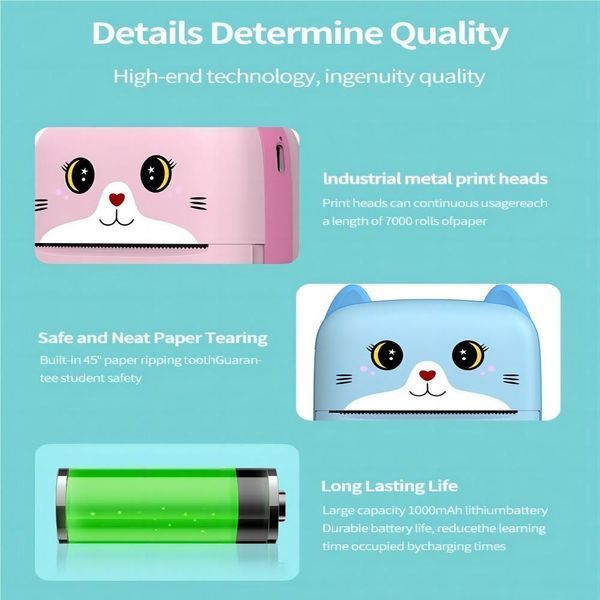 Дитячий термопринтер A8 Cat printer pink, bluetooth, ЗП Type-C v10427 фото