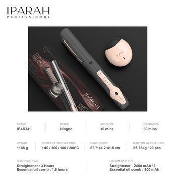 Безпровідний випрямляч для волосся IPARAH P-182, 140-200&deg;C, керамічне покриття, 5200mAh, ефірне масло v11894 фото
