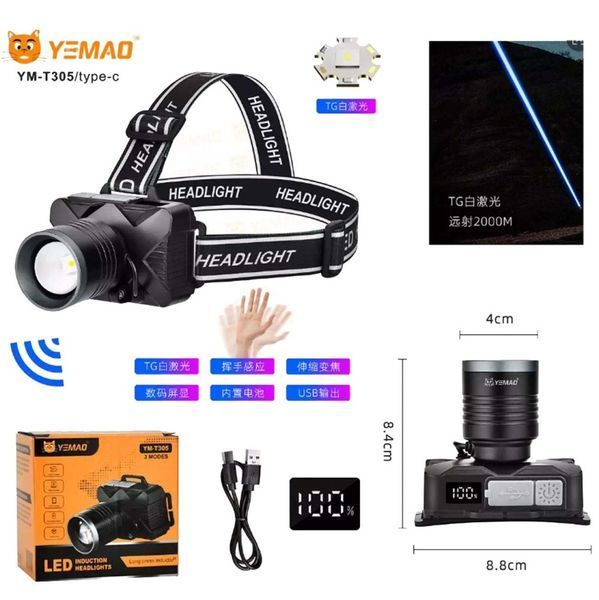 Ліхтар налобний YEMAO YM-T305 TG 30W, Motion Sensor, Li-Ion акумулятор, ЗУ Type-C, zoom v12037 фото