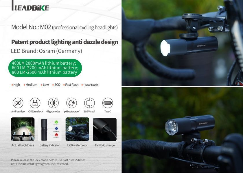 Велофара потужна LEADBIKE M02-OSRAM 800LM, 2500mAh, waterproof, children lock, Li-Ion акумулятор, ЗУ Type-C v10697 фото