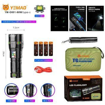 Ліхтар YEMAO YM-G601 TG 60W, 4x18650, Power Bank, ЗУ Type-C, zoom, кейс v11973 фото