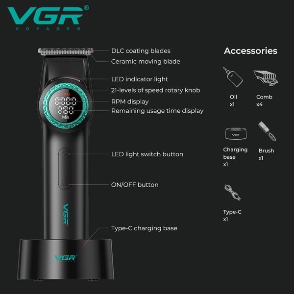Тример VGR V-977 BLACK, регулювання потужності 6000 - 8000 RPM, 2500 mAh, 4 насадки, LED display v9105 фото