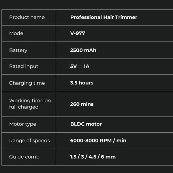 Тример VGR V-977 BLACK, регулювання потужності 6000 - 8000 RPM, 2500 mAh, 4 насадки, LED display v9105 фото