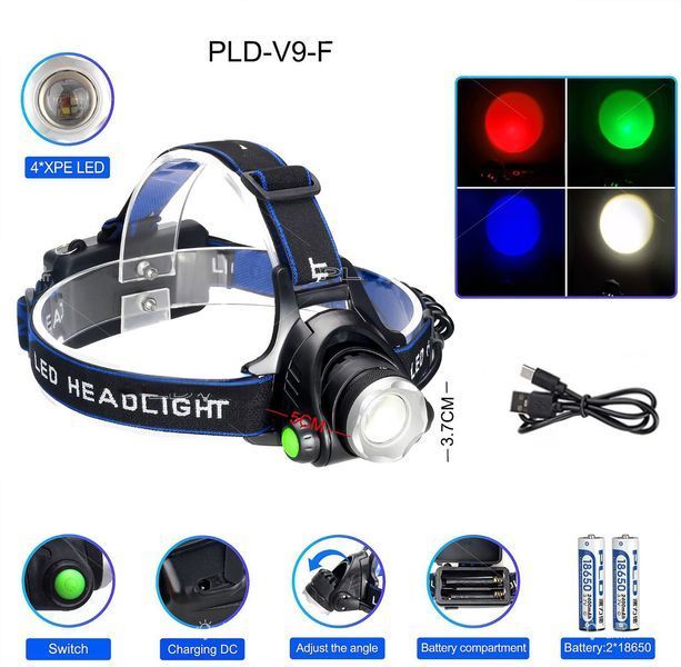 Ліхтар налобний PLD-V9-F-4XPE (WHITE+RED+BLUE+GREEN), 2x18650, ЗП Type-C, zoom, Box v10402 фото